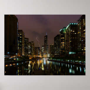 Blitzschlag über dem Fluss Chicago Poster