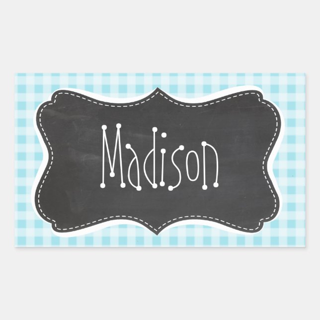 Blizzard Blue Gingham; Vintager Chalkboard-Look Rechteckiger Aufkleber (Vorderseite)