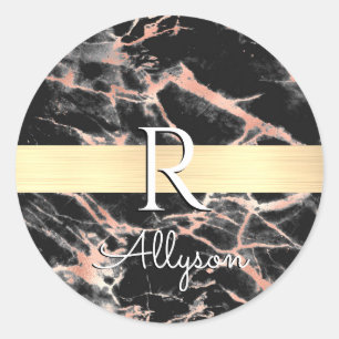 Blk & Rose Gold Marmor Goldbarren, Wht Namensmonog Runder Aufkleber