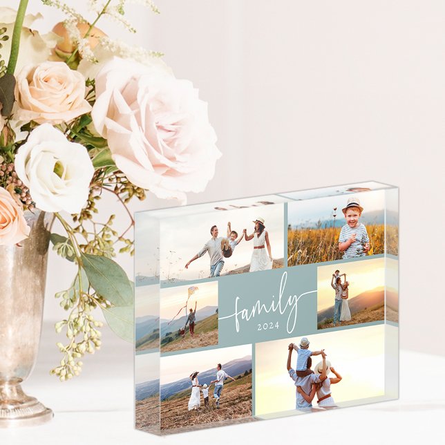 Block mit blauer Foto (Dusty Blue and White Elegant Calligraphy Script Family Photo Collage Photo Block by Simply Said)
