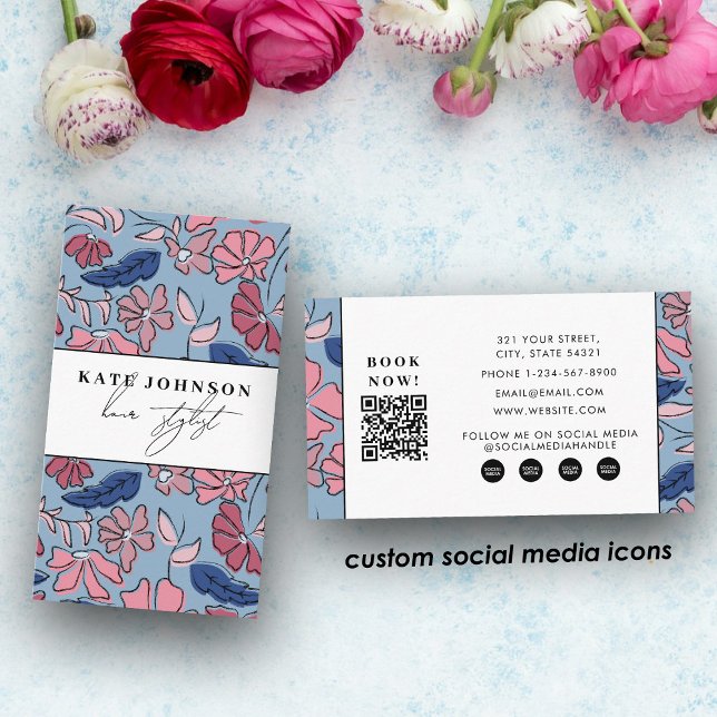 Block Print Floral Salon Hair Stylist Makeup Visitenkarte (Block Print Floral Salon Hair Stylist Makeup Business Card)