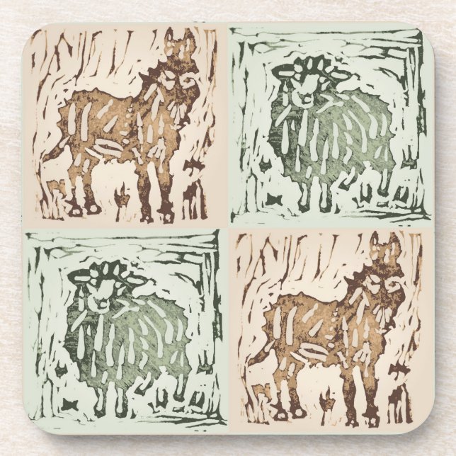 Block Print Sheep Donkey Quilt - farm animals. Getränkeuntersetzer (Vorderseite)