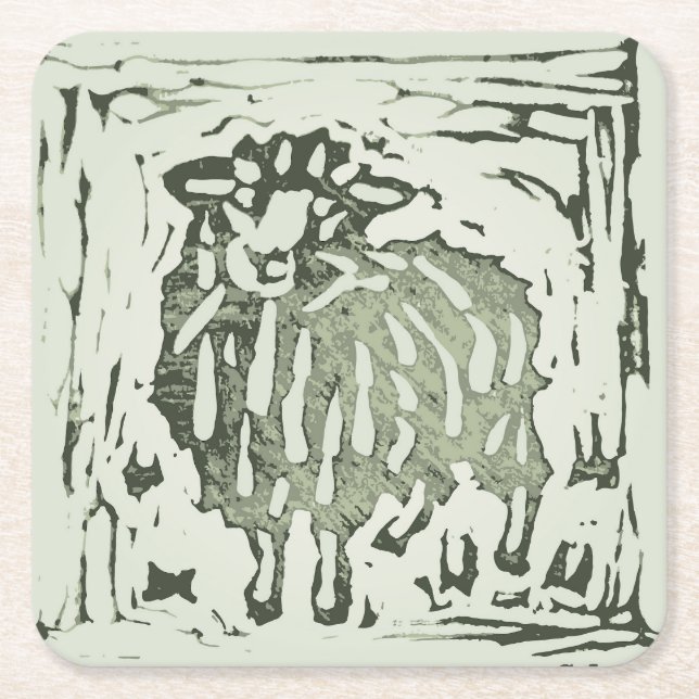 Block Print Sheep Donkey Quilt - green sheep. Rechteckiger Pappuntersetzer (Vorderseite)