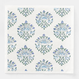 Blockdruck Blumenmuster in Blau und Salbei Serviette