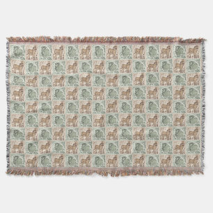 Blockdruck-Schaf-Esel-Quilt - Grün Braun. Decke