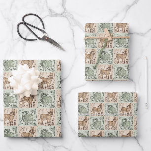 Blockdruck-Schaf-Esel-Quilt - Grün Braun. Geschenkpapier Set