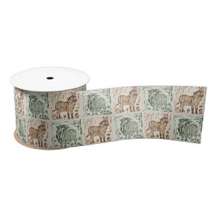 Blockdruck-Schaf-Esel-Quilt - Grün Braun. Satinband