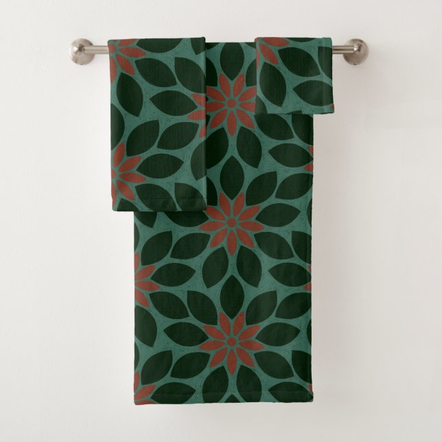 Blockdruck Tile Blume dunkelgrün rot Badhandtuch Set (Insitu)