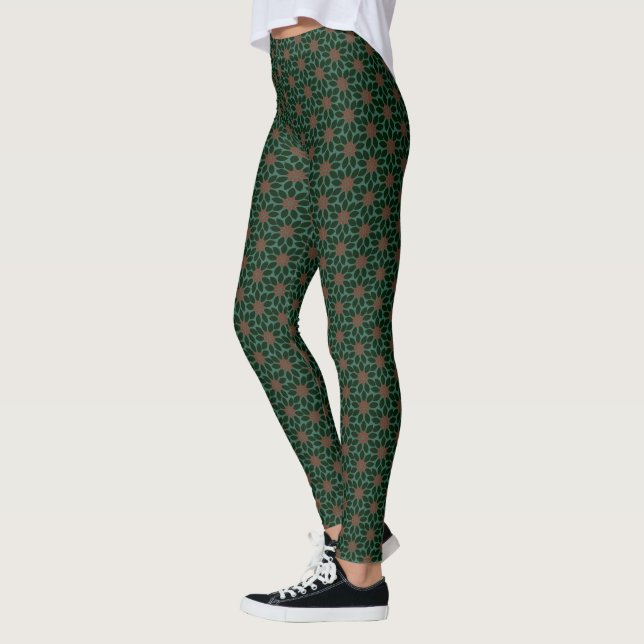 Blockdruck Tile Blume dunkelgrün rot Leggings (Links)