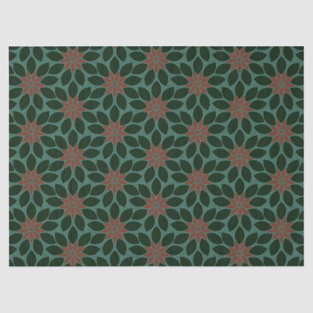 Blockdruck Tile Blume dunkelgrün rot Seidenpapier (Vorderseite)