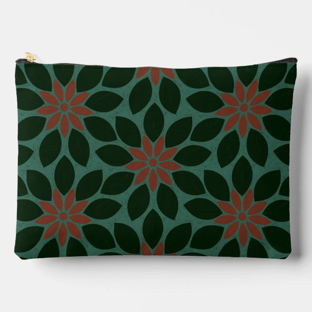 Blockdruck Tile Blume dunkelgrün rot Zubehörtasche (Vorderseite)
