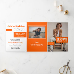 Blöcke Orange Vier-Foto-Abschlussfeier Dreifach Gefaltete Einladung