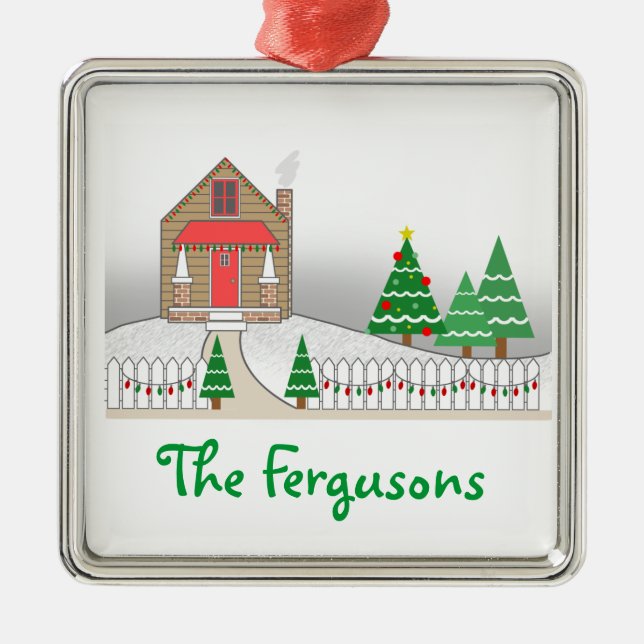 Blockhaus-u. Weihnachtslicht-Schnee-Szene Ornament Aus Metall (Vorne)