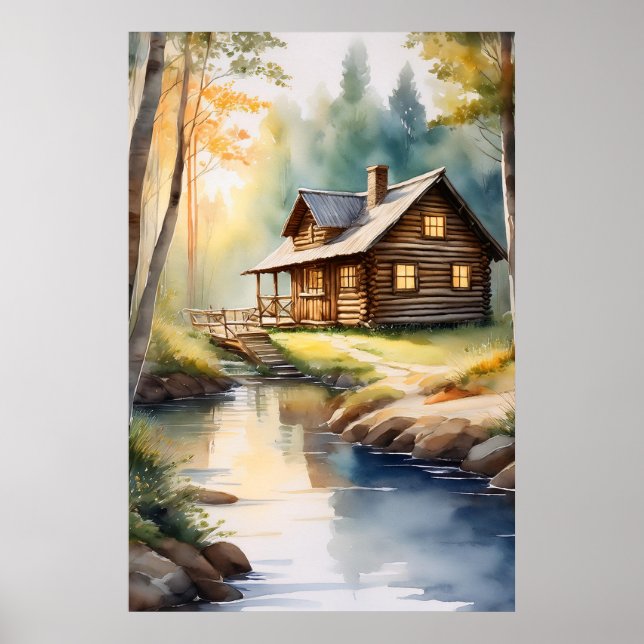 Blockhütte am Fluss 4 Poster (Vorne)