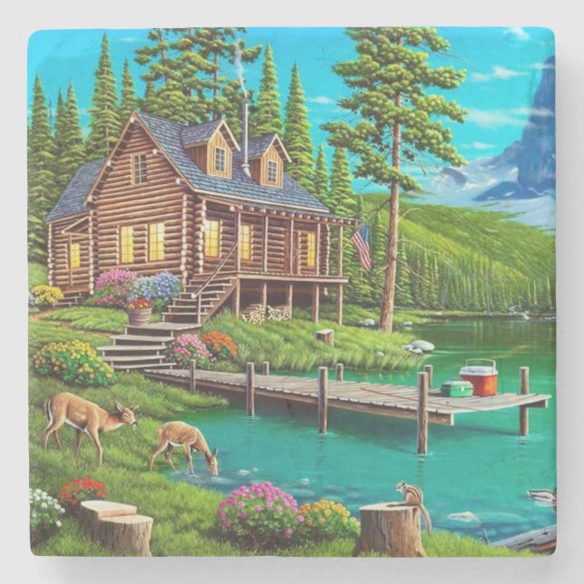 Blockhütte an der Wasserfeine Kunst Steinuntersetzer (Vorderseite)