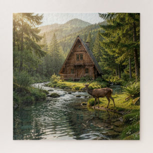 Blockhütte, Bach, Berge und Hirsche Naturkunst Puzzle