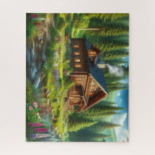 Blockhütte, Bach und Blumen im Wald Puzzle
