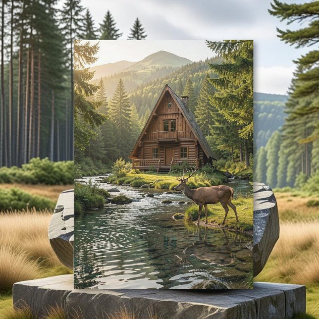 Blockhütte, Bach und Hirsch, Vatertag Karte (Von Creator hochgeladen)