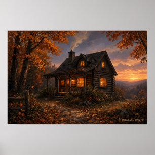 Blockhütte Herbst Dämmerung Wandbild Druck Poster