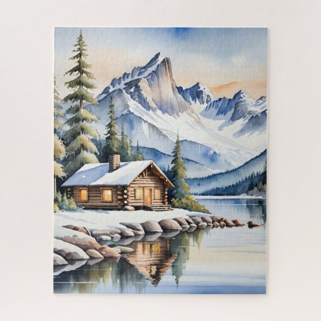 Blockhütte im Winter Puzzle (Vertikal)
