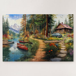 Blockhütte in der Wasserfarbe des Waldes Puzzle