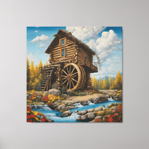 Blockhütte mit Wasserrad Leinwanddruck