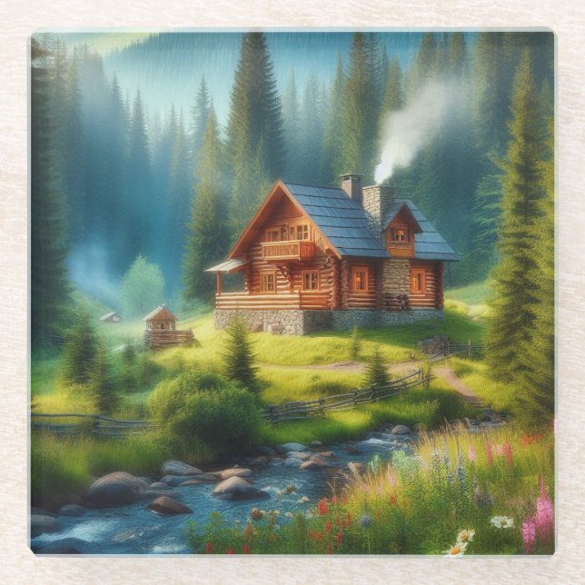 Blockhütte, Stream und Blume im Wald Glasuntersetzer (Vorderseite)