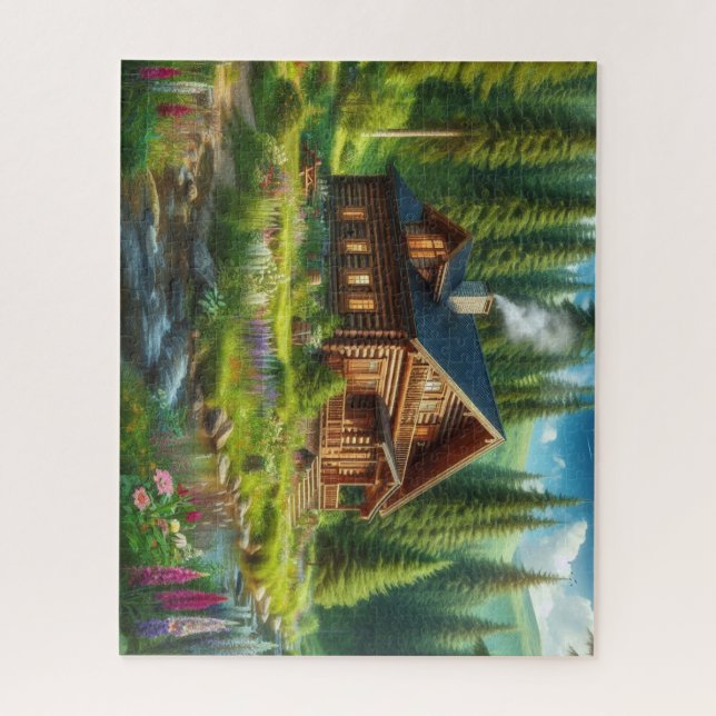 Blockhütte, Stream und Blume im Wald Puzzle (Vertikal)