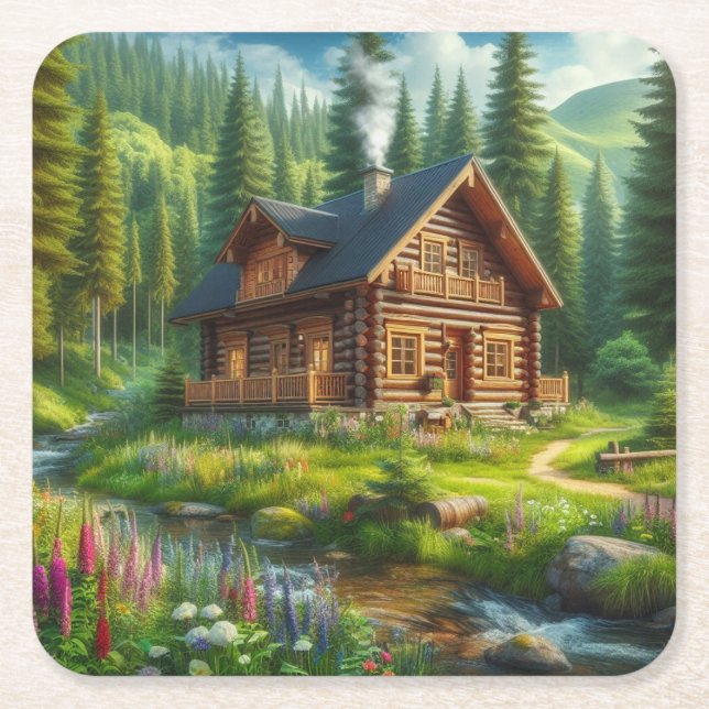 Blockhütte, Stream und Blume im Wald Rechteckiger Pappuntersetzer (Vorderseite)