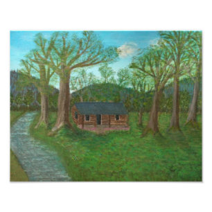 Blockhütte und Bäume Fotodruck