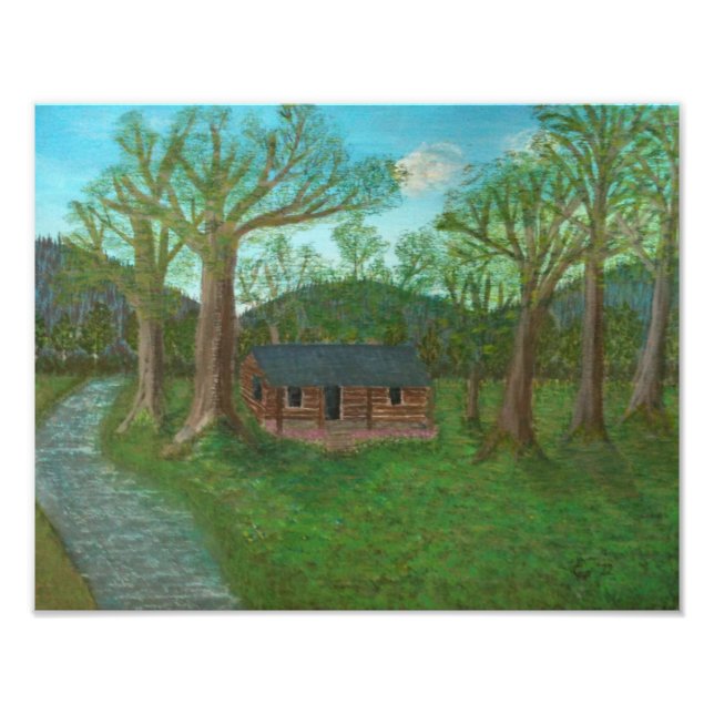 Blockhütte und Bäume Fotodruck (Vorne)