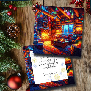 Blockhütte und warmer Kamin am Heiligen Abend