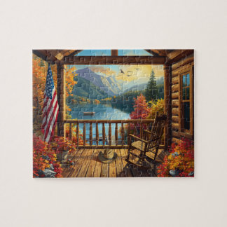 Blockhütte Veranda Herbst Bergsee Aussicht Puzzle