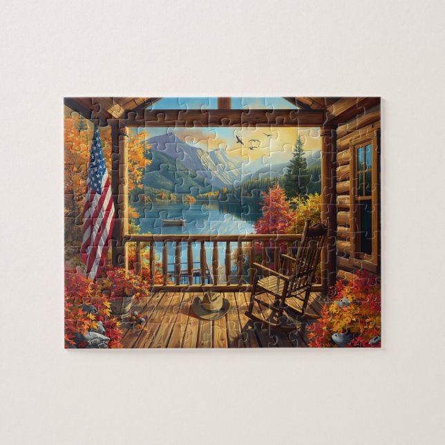 Blockhütte Veranda Herbst Bergsee Aussicht Puzzle (Horizontal)