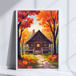 Blockhütte | Wasserfarben Herbstlaub Wald Poster