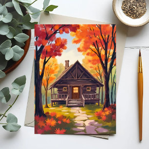 Blockhütte   Wasserfarben Herbstlaub Wald Postkarte