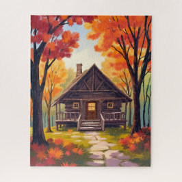 Blockhütte | Wasserfarben Herbstlaub Wald Puzzle