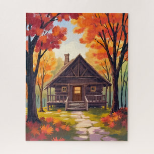 Blockhütte Wasserfarben Herbstlaub Wald Puzzle