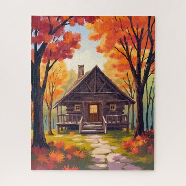 Blockhütte | Wasserfarben Herbstlaub Wald Puzzle (Vertikal)