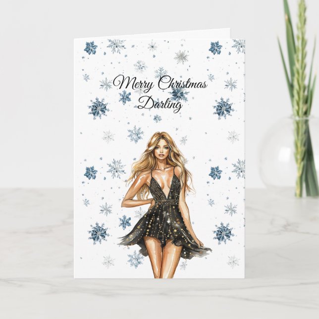 Blond Black Dress Snowflakes Christmas Karte (Vorderseite)