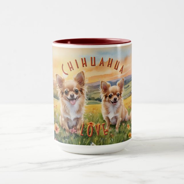 Blond Chihuahua und Pup Farm Sunrise Tasse (Zentrum)
