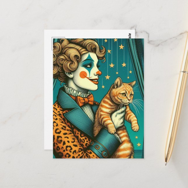 Blond Circus Clown und Ginger Kitty Postkarte (Vorderseite/Rückseite Beispiel)