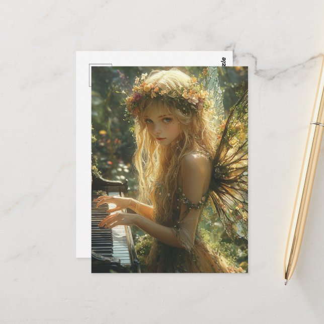 Blond Fairy Playing Piano Postkarte (Vorderseite/Rückseite Beispiel)