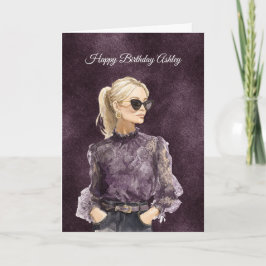 Blond Female Sunglasses Purple Blouse Birthday Karte