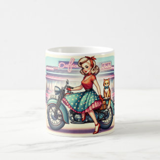 Blond Girl auf dem Rad mit ihrem Ingwer Cat Button Kaffeetasse