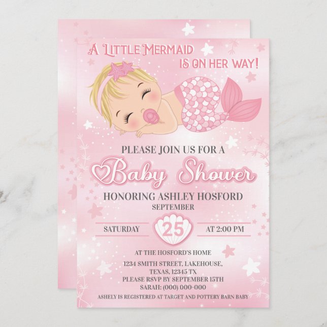 Blond Girl Baby Shower Einladung | Baby Mermaid  (Vorne/Hinten)