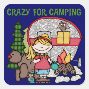 Blond Girl Crazy für Camping Quadratischer Aufkleber