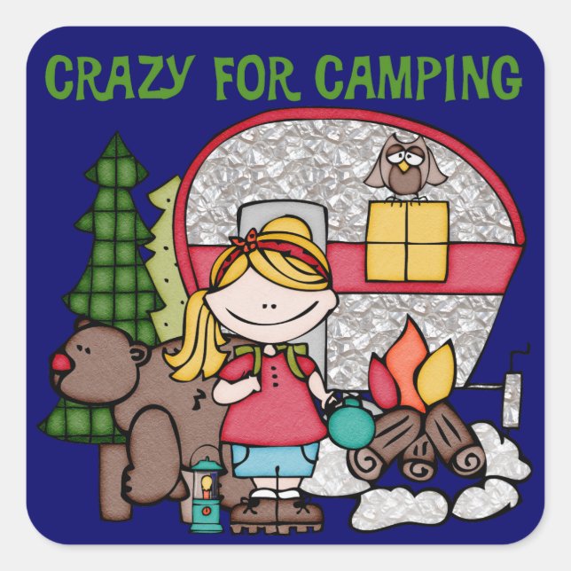 Blond Girl Crazy für Camping Quadratischer Aufkleber (Vorderseite)