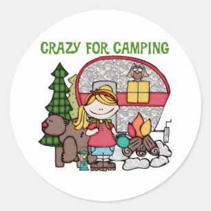 Blond Girl Crazy für Camping Runder Aufkleber