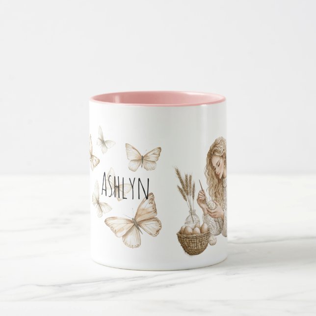 Blond Girl Easter Eggs Butterflies Tasse (Zentrum)